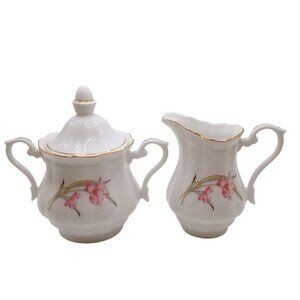 Walbrzych Poland Sugar Bowl Creamer Set Porcelain Gold Trim Floral Design VTG